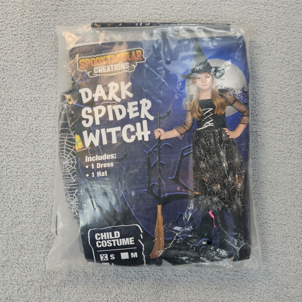 Spooktacular Creations Dark Spider Witch Costume Kids XS Black Silver Web Hat
